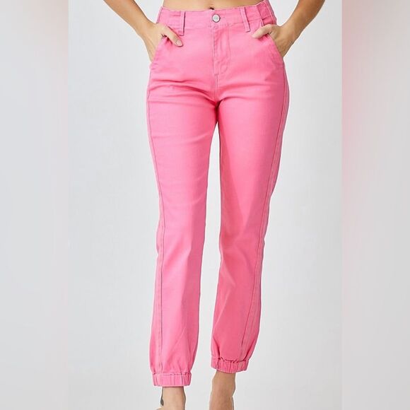 Risen Belle High Rise Hot Pink Jogger Jeans Elastic Cuffs Women’s 3/26 Trendy - Picture 2 of 15
